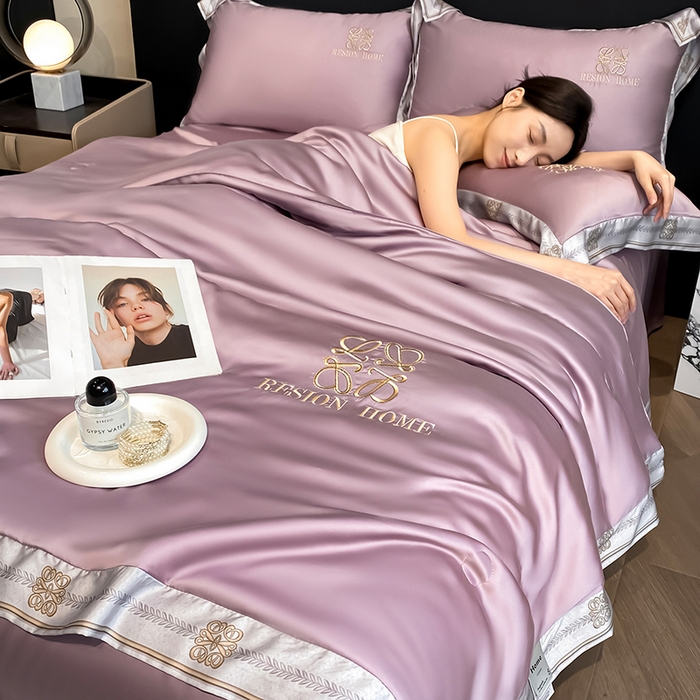 露梦家纺 2026新款初夏水洗真丝夏被四件套 初夏-木槿紫