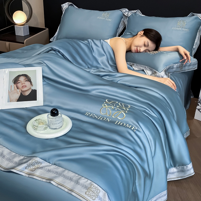 露梦家纺 2026新款初夏水洗真丝夏被四件套 初夏-月光蓝