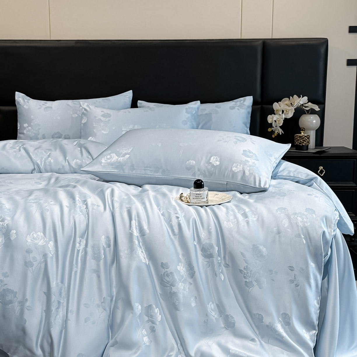 91家纺网 家纺一手货源 找家纺 顺兴家居 2026新款提花水洗真丝四件套 喜花市-天蓝