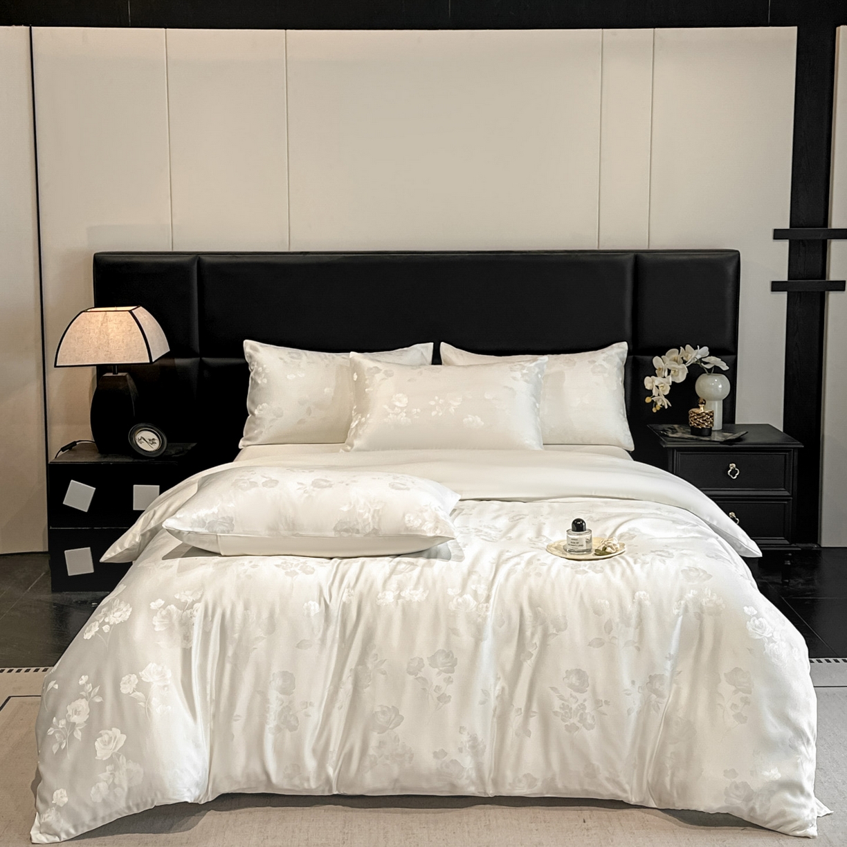 91家纺网 家纺一手货源 找家纺 顺兴家居 2026新款提花水洗真丝四件套 喜花市-米白