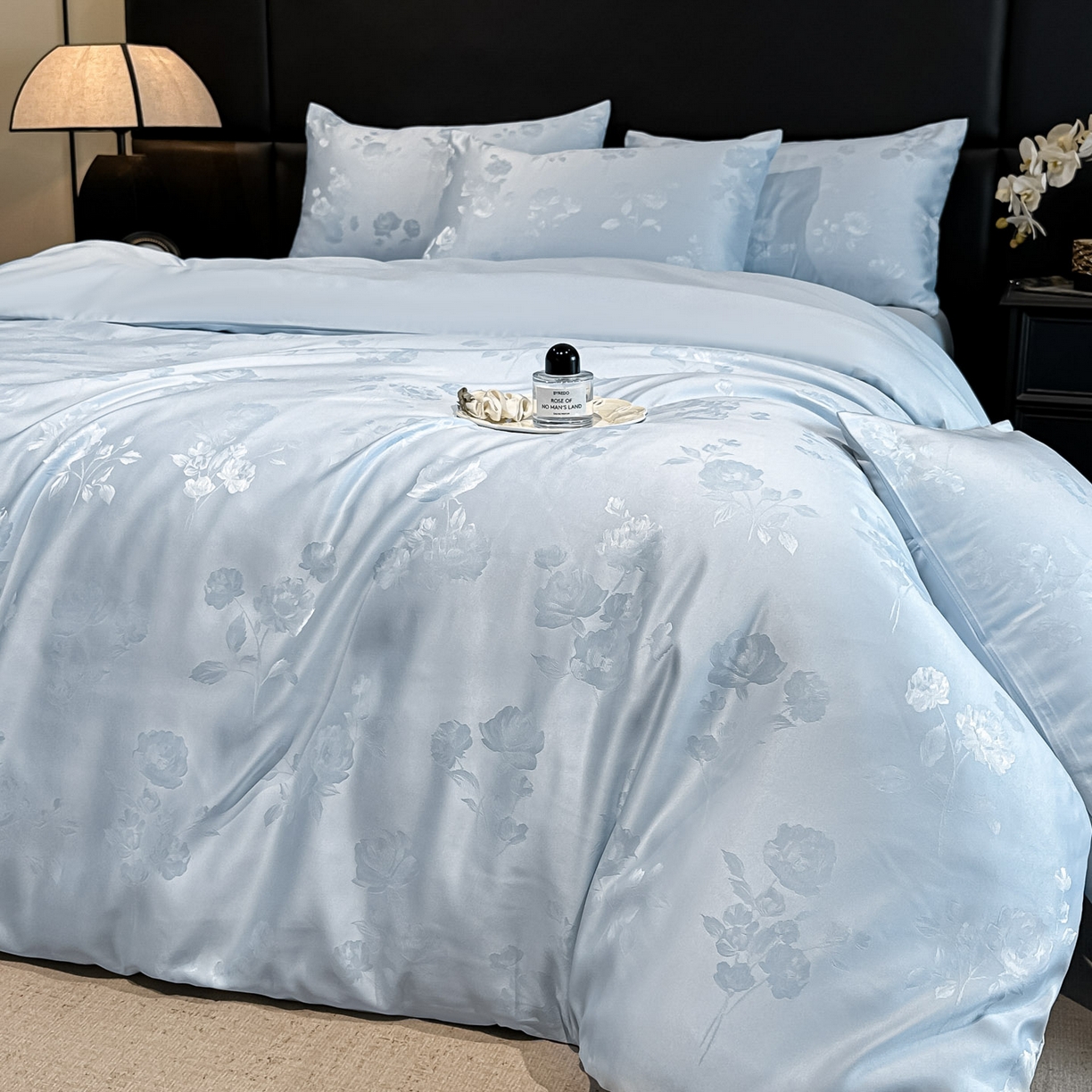 91家纺网 家纺一手货源 找家纺 顺兴家居 2026新款提花水洗真丝四件套 喜花市-天蓝