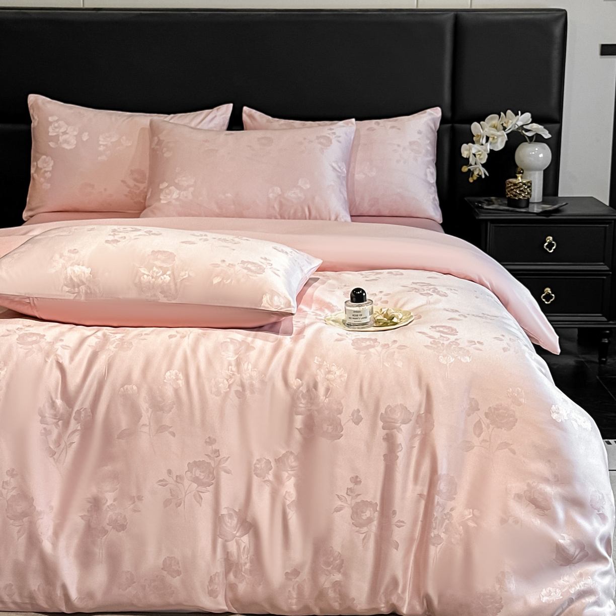 91家纺网 家纺一手货源 找家纺 顺兴家居 2026新款提花水洗真丝四件套 喜花市-粉玉