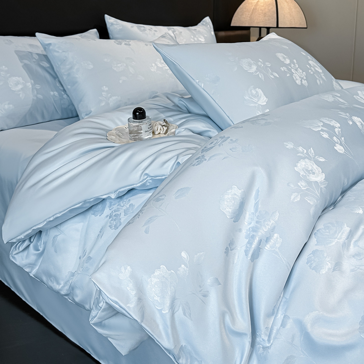 顺兴家居 2026新款提花水洗真丝四件套 喜花市-天蓝
