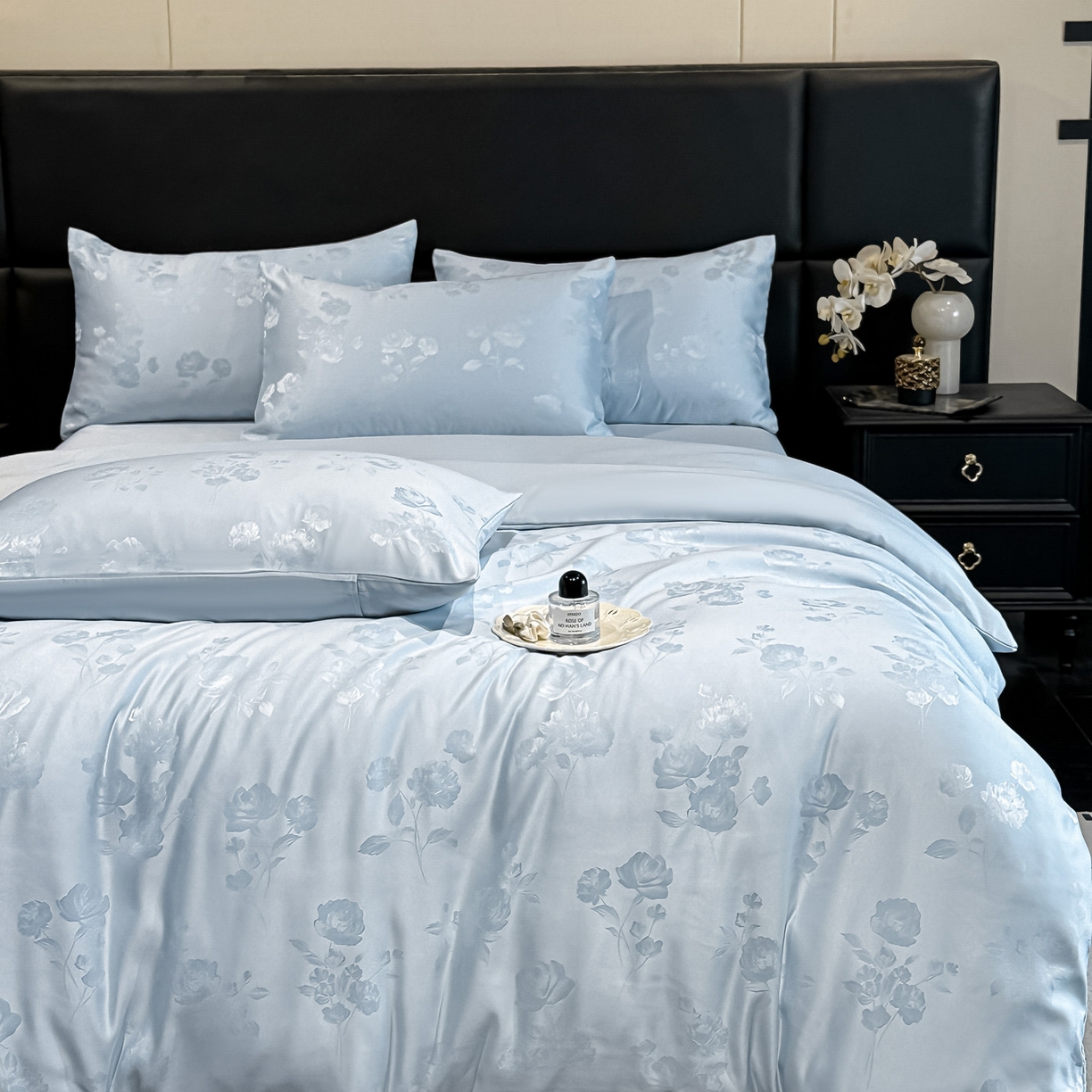 91家纺网 家纺一手货源 找家纺 顺兴家居 2026新款提花水洗真丝四件套 喜花市-天蓝