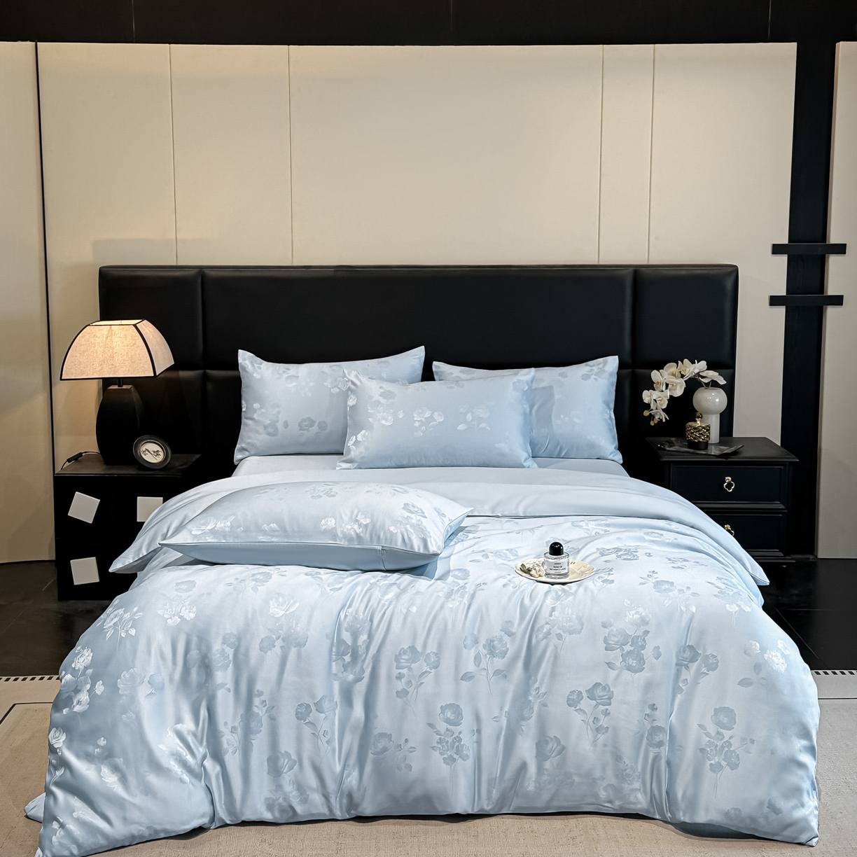 91家纺网 家纺一手货源 找家纺 顺兴家居 2026新款提花水洗真丝四件套 喜花市-天蓝