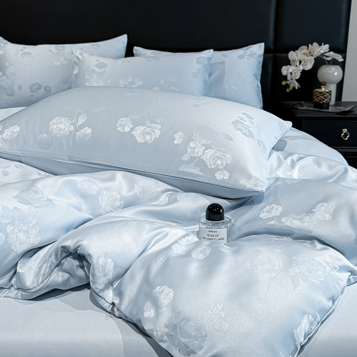 91家纺网 家纺一手货源 找家纺 顺兴家居 2026新款提花水洗真丝四件套 喜花市-天蓝