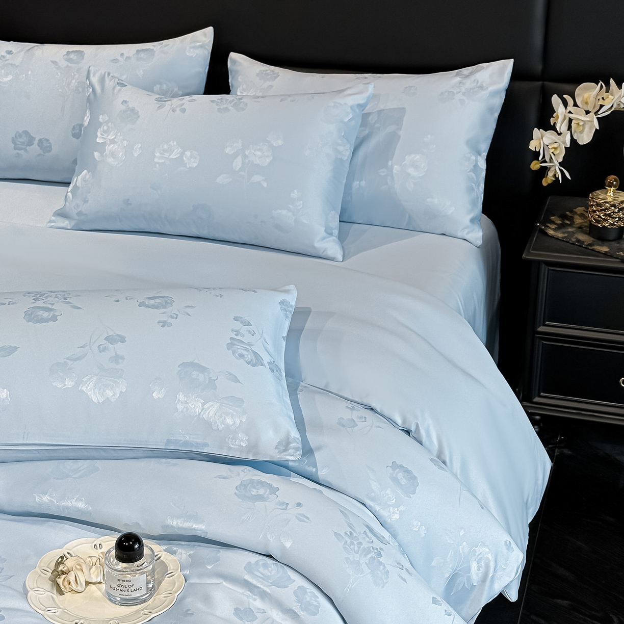 91家纺网 家纺一手货源 找家纺 顺兴家居 2026新款提花水洗真丝四件套 喜花市-天蓝