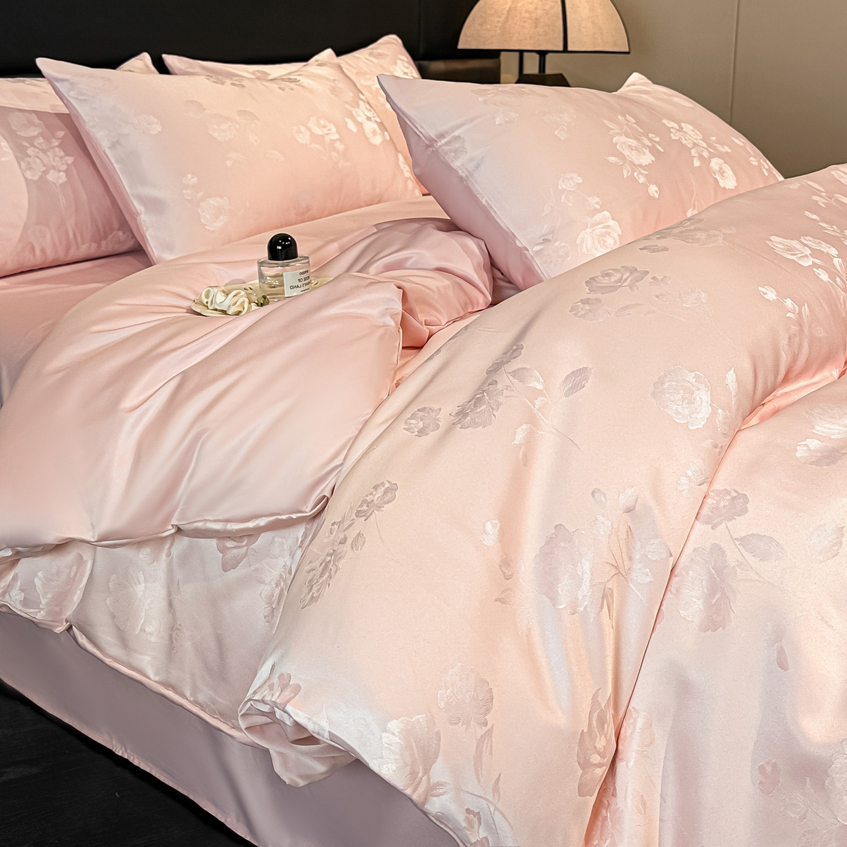 顺兴家居 2026新款提花水洗真丝四件套 喜花市-粉玉