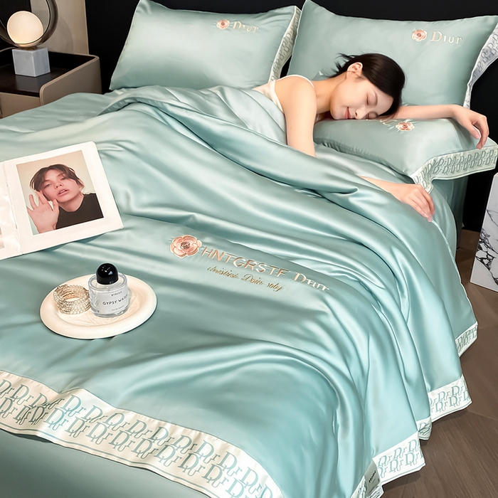 露梦家纺 2026新款安迪水洗真丝夏被四件套 安迪-海盐绿