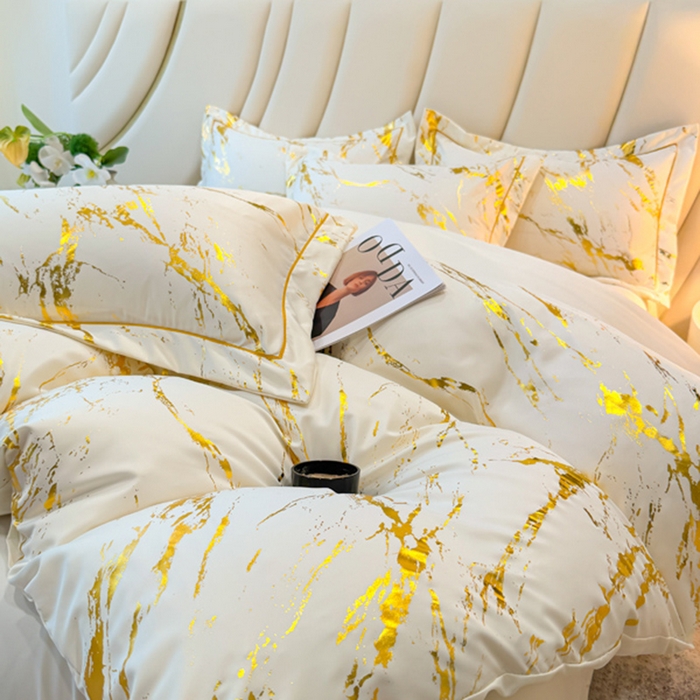 91家纺网 家纺一手货源 找家纺 （总）棠颂家纺 2026新款直播热款沐光天丝烫金四件套吊边床单一字绣（礼盒款）