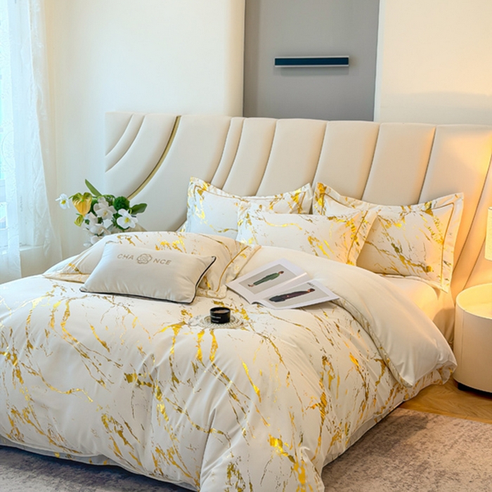 91家纺网 家纺一手货源 找家纺 （总）棠颂家纺 2026新款直播热款沐光天丝烫金四件套吊边床单一字绣（礼盒款）