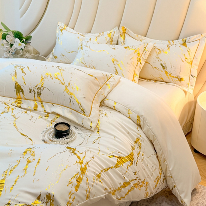 91家纺网 家纺一手货源 找家纺 （总）棠颂家纺 2026新款直播热款沐光天丝烫金四件套吊边床单一字绣（礼盒款）