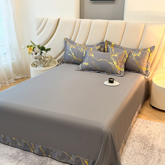 91家纺网 家纺一手货源 找家纺 棠颂家纺 2026新款直播热款沐光天丝烫金四件套吊边床单一字绣（礼盒款） 鎏金岁月-星辰灰