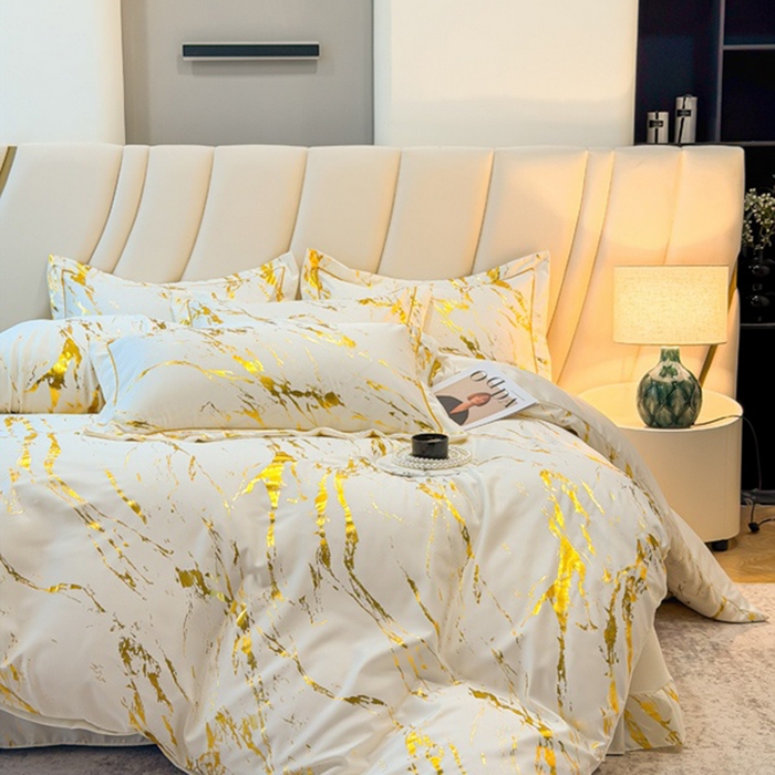 91家纺网 家纺一手货源 找家纺 棠颂家纺 2026新款直播热款沐光天丝烫金四件套吊边床单一字绣（礼盒款） 鎏金岁月-白金