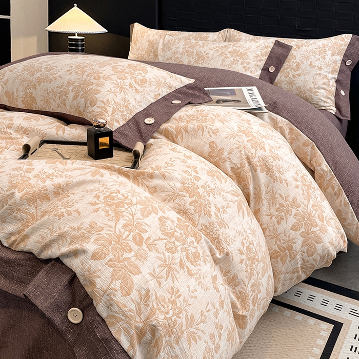 91家纺网 家纺一手货源 找家纺 （总）圣比熊 2026春夏新款A类原麻纽扣四件套加厚被套床单宿舍双人床仿亚麻套件-最新款