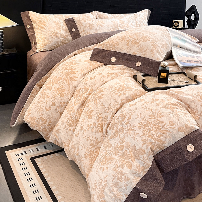 91家纺网 家纺一手货源 找家纺 （总）圣比熊 2026春夏新款A类原麻纽扣四件套加厚被套床单宿舍双人床仿亚麻套件-最新款