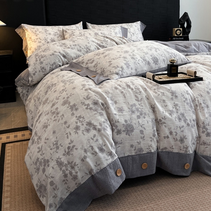 91家纺网 家纺一手货源 找家纺 （总）圣比熊 2026春夏新款A类原麻纽扣四件套加厚被套床单宿舍双人床仿亚麻套件-最新款