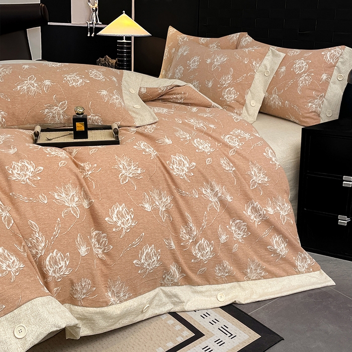 91家纺网 家纺一手货源 找家纺 圣比熊 2026春夏新款A类原麻纽扣四件套加厚被套床单宿舍双人床仿亚麻套件-最新款 映山客