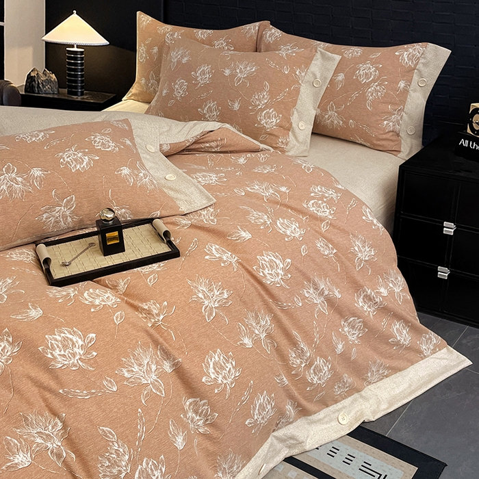 91家纺网 家纺一手货源 找家纺 圣比熊 2026春夏新款A类原麻纽扣四件套加厚被套床单宿舍双人床仿亚麻套件-最新款 映山客