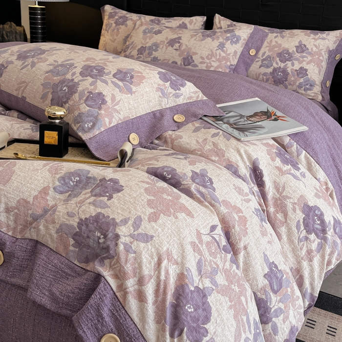 91家纺网 家纺一手货源 找家纺 圣比熊 2026春夏新款A类原麻纽扣四件套加厚被套床单宿舍双人床仿亚麻套件-最新款 安紫