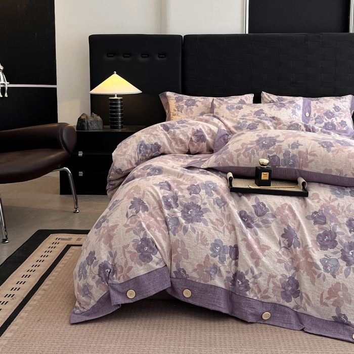 91家纺网 家纺一手货源 找家纺 圣比熊 2026春夏新款A类原麻纽扣四件套加厚被套床单宿舍双人床仿亚麻套件-最新款 安紫