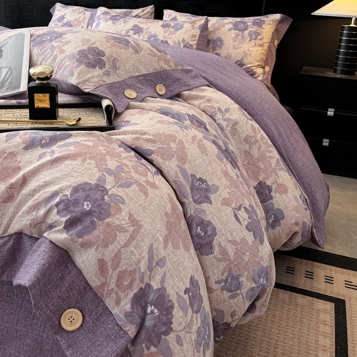 91家纺网 家纺一手货源 找家纺 圣比熊 2026春夏新款A类原麻纽扣四件套加厚被套床单宿舍双人床仿亚麻套件-最新款 安紫