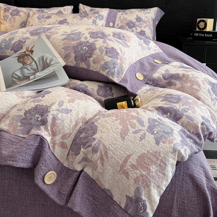 91家纺网 家纺一手货源 找家纺 圣比熊 2026春夏新款A类原麻纽扣四件套加厚被套床单宿舍双人床仿亚麻套件-最新款 安紫