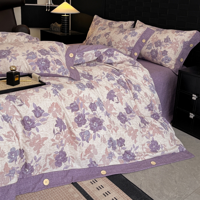 91家纺网 家纺一手货源 找家纺 圣比熊 2026春夏新款A类原麻纽扣四件套加厚被套床单宿舍双人床仿亚麻套件-最新款 安紫