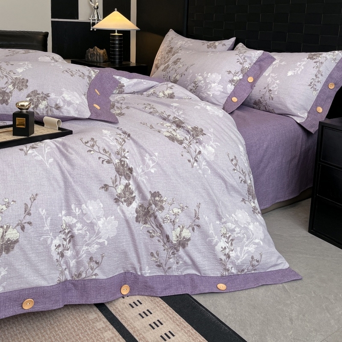 91家纺网 家纺一手货源 找家纺 圣比熊 2026春夏新款A类原麻纽扣四件套加厚被套床单宿舍双人床仿亚麻套件-最新款 春风序