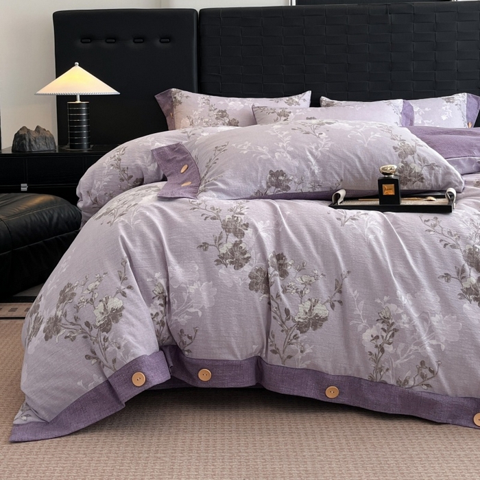 91家纺网 家纺一手货源 找家纺 圣比熊 2026春夏新款A类原麻纽扣四件套加厚被套床单宿舍双人床仿亚麻套件-最新款 春风序