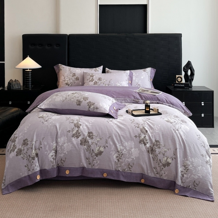 91家纺网 家纺一手货源 找家纺 圣比熊 2026春夏新款A类原麻纽扣四件套加厚被套床单宿舍双人床仿亚麻套件-最新款 春风序