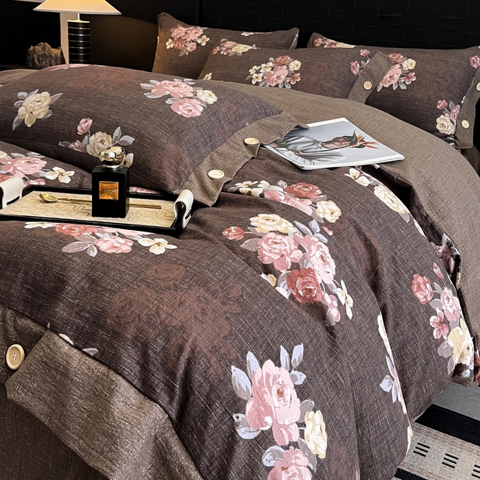 91家纺网 家纺一手货源 找家纺 圣比熊 2026春夏新款A类原麻纽扣四件套加厚被套床单宿舍双人床仿亚麻套件-最新款 繁花