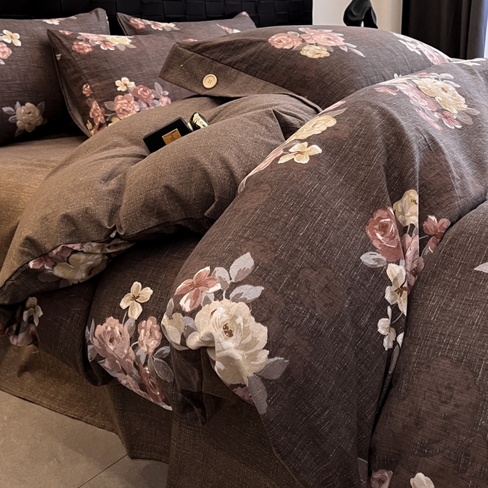 91家纺网 家纺一手货源 找家纺 圣比熊 2026春夏新款A类原麻纽扣四件套加厚被套床单宿舍双人床仿亚麻套件-最新款 繁花