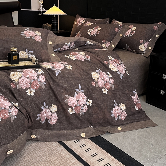 91家纺网 家纺一手货源 找家纺 圣比熊 2026春夏新款A类原麻纽扣四件套加厚被套床单宿舍双人床仿亚麻套件-最新款 繁花