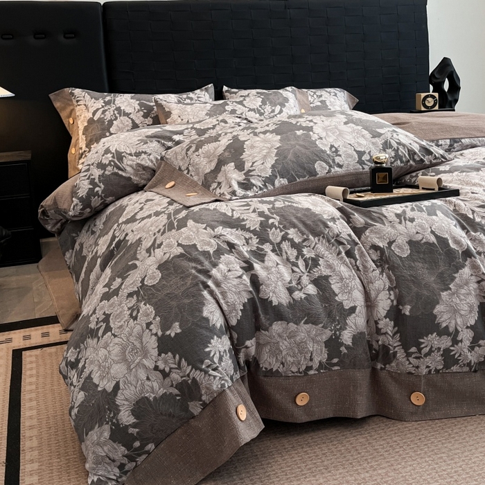 圣比熊 2026春夏新款A类原麻纽扣四件套加厚被套床单宿舍双人床仿亚麻套件-最新款 浮绘花影-白