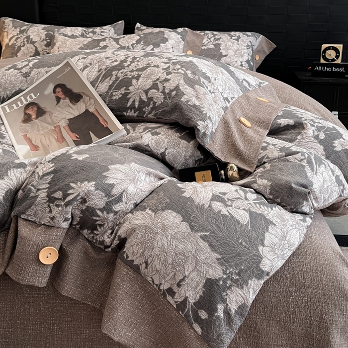 91家纺网 家纺一手货源 找家纺 圣比熊 2026春夏新款A类原麻纽扣四件套加厚被套床单宿舍双人床仿亚麻套件-最新款 浮绘花影-白