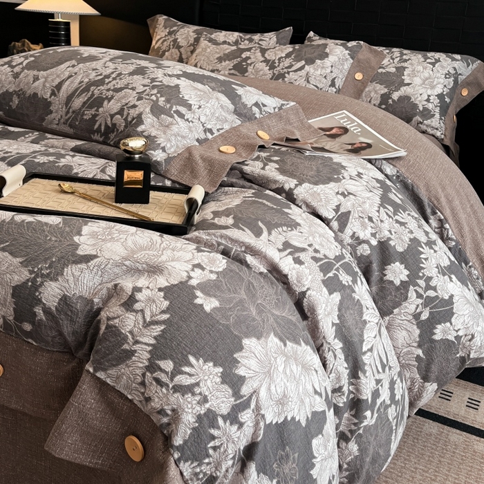 91家纺网 家纺一手货源 找家纺 圣比熊 2026春夏新款A类原麻纽扣四件套加厚被套床单宿舍双人床仿亚麻套件-最新款 浮绘花影-白