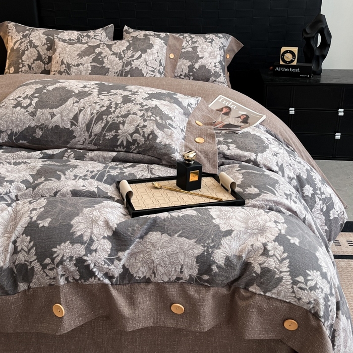 91家纺网 家纺一手货源 找家纺 圣比熊 2026春夏新款A类原麻纽扣四件套加厚被套床单宿舍双人床仿亚麻套件-最新款 浮绘花影-白