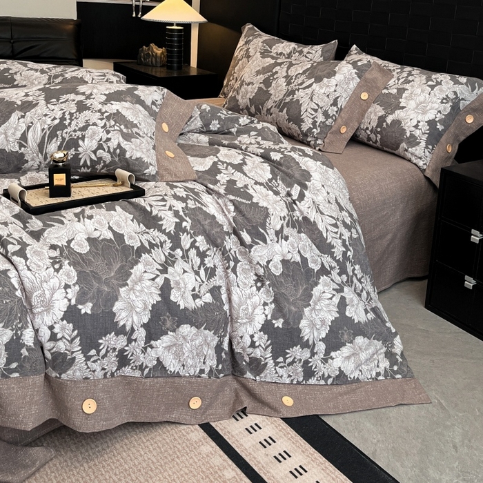 91家纺网 家纺一手货源 找家纺 圣比熊 2026春夏新款A类原麻纽扣四件套加厚被套床单宿舍双人床仿亚麻套件-最新款 浮绘花影-白