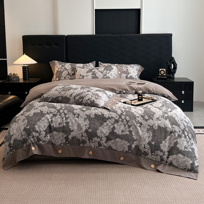 91家纺网 家纺一手货源 找家纺 圣比熊 2026春夏新款A类原麻纽扣四件套加厚被套床单宿舍双人床仿亚麻套件-最新款 浮绘花影-白