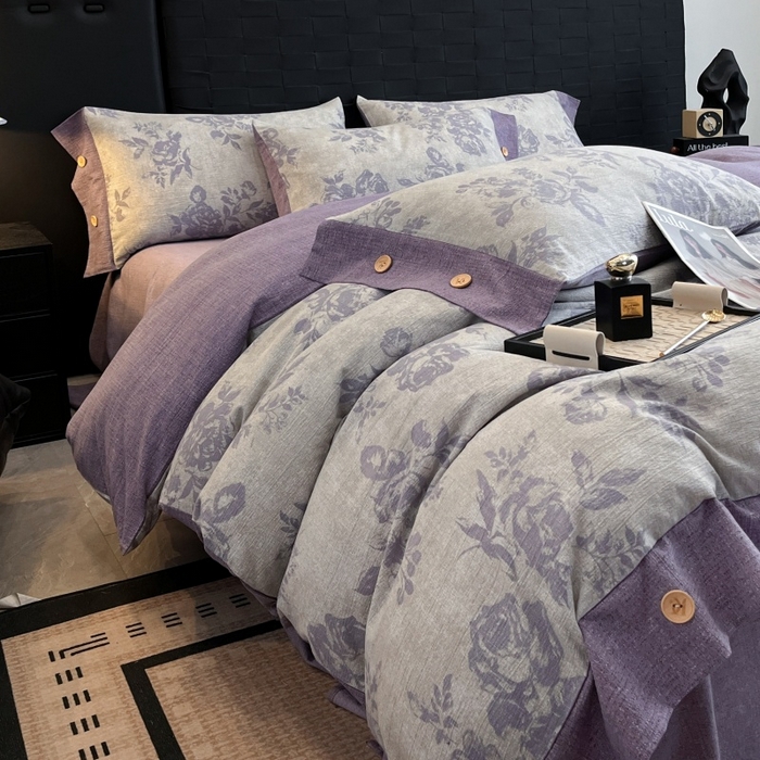 91家纺网 家纺一手货源 找家纺 圣比熊 2026春夏新款A类原麻纽扣四件套加厚被套床单宿舍双人床仿亚麻套件-最新款 古堡花园-紫