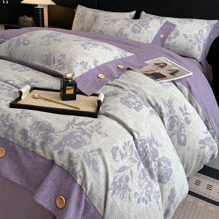91家纺网 家纺一手货源 找家纺 圣比熊 2026春夏新款A类原麻纽扣四件套加厚被套床单宿舍双人床仿亚麻套件-最新款 古堡花园-紫