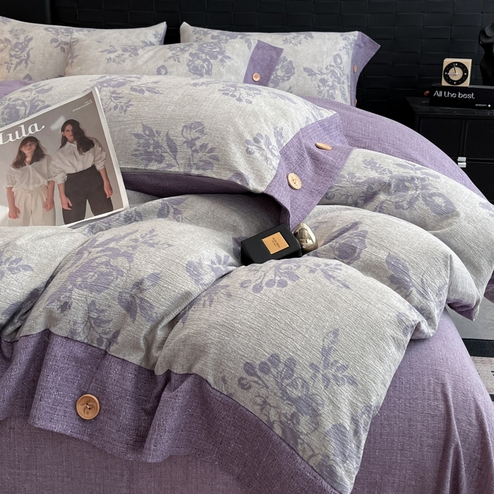 91家纺网 家纺一手货源 找家纺 圣比熊 2026春夏新款A类原麻纽扣四件套加厚被套床单宿舍双人床仿亚麻套件-最新款 古堡花园-紫
