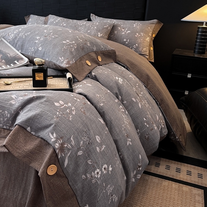 91家纺网 家纺一手货源 找家纺 圣比熊 2026春夏新款A类原麻纽扣四件套加厚被套床单宿舍双人床仿亚麻套件-最新款 花蕾