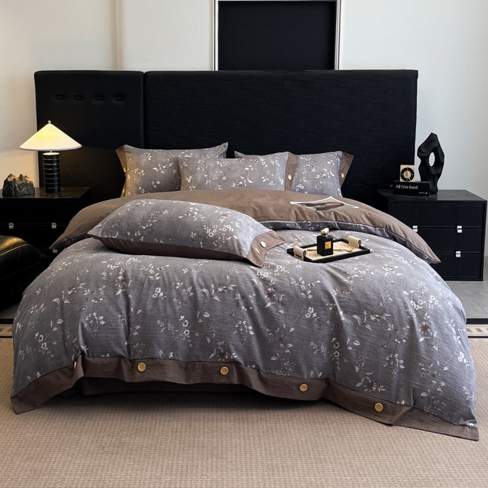 91家纺网 家纺一手货源 找家纺 圣比熊 2026春夏新款A类原麻纽扣四件套加厚被套床单宿舍双人床仿亚麻套件-最新款 花蕾