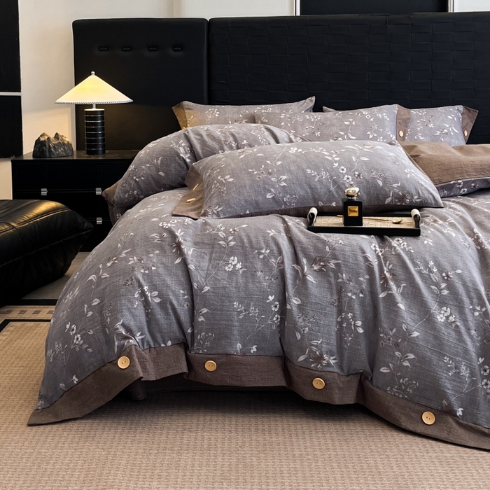 91家纺网 家纺一手货源 找家纺 圣比熊 2026春夏新款A类原麻纽扣四件套加厚被套床单宿舍双人床仿亚麻套件-最新款 花蕾