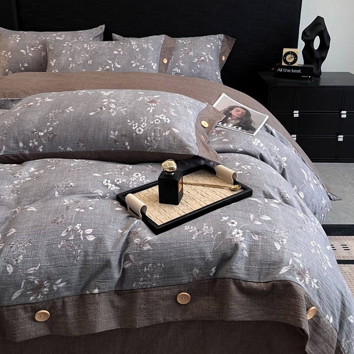 91家纺网 家纺一手货源 找家纺 圣比熊 2026春夏新款A类原麻纽扣四件套加厚被套床单宿舍双人床仿亚麻套件-最新款 花蕾