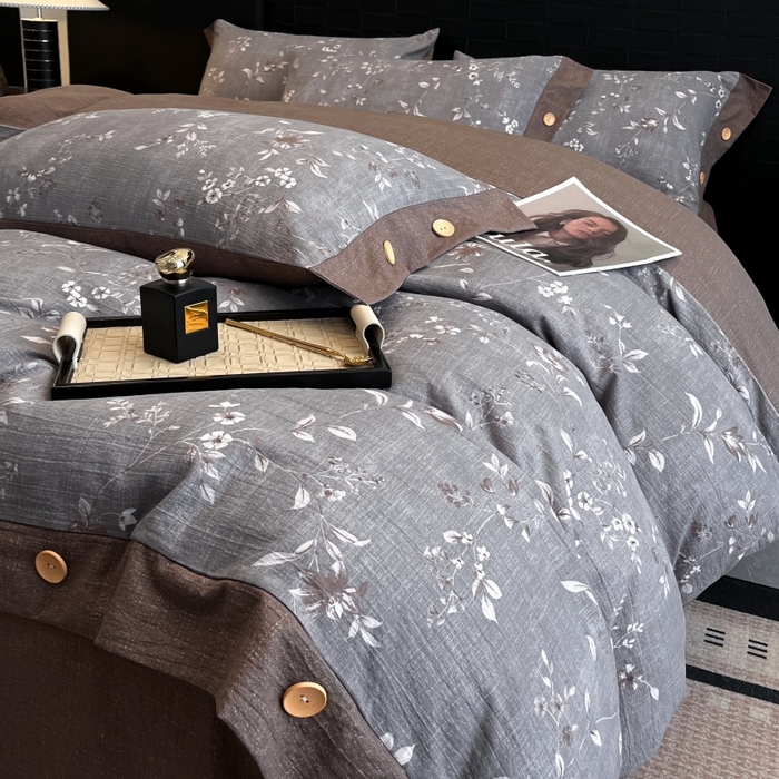 91家纺网 家纺一手货源 找家纺 圣比熊 2026春夏新款A类原麻纽扣四件套加厚被套床单宿舍双人床仿亚麻套件-最新款 花蕾