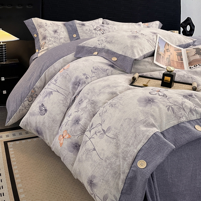 91家纺网 家纺一手货源 找家纺 圣比熊 2026春夏新款A类原麻纽扣四件套加厚被套床单宿舍双人床仿亚麻套件-最新款 花与蝶