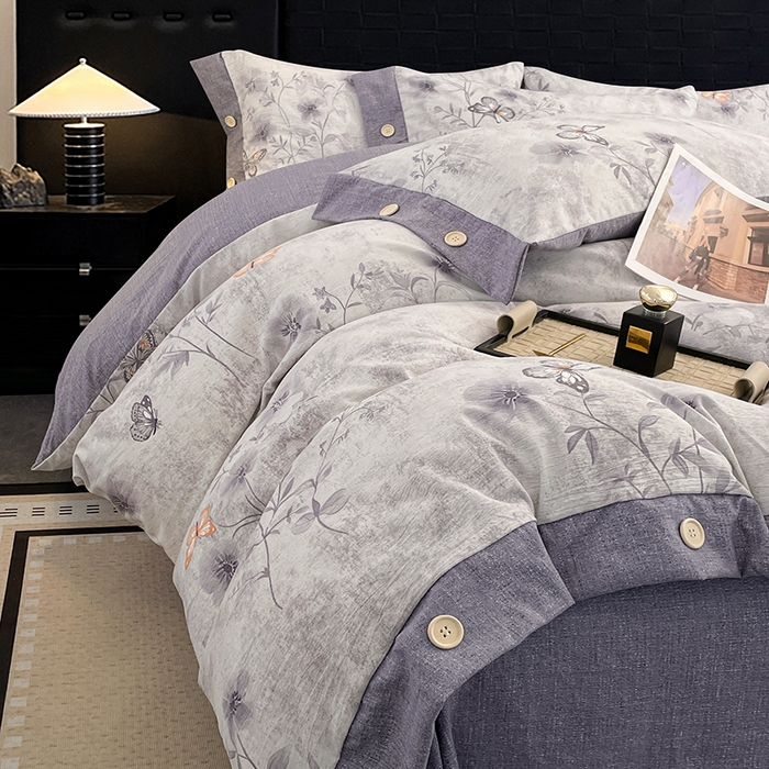 91家纺网 家纺一手货源 找家纺 圣比熊 2026春夏新款A类原麻纽扣四件套加厚被套床单宿舍双人床仿亚麻套件-最新款 花与蝶